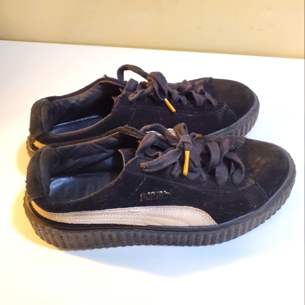 Puma Black Suede Platform Sneakers with Cream Stripe